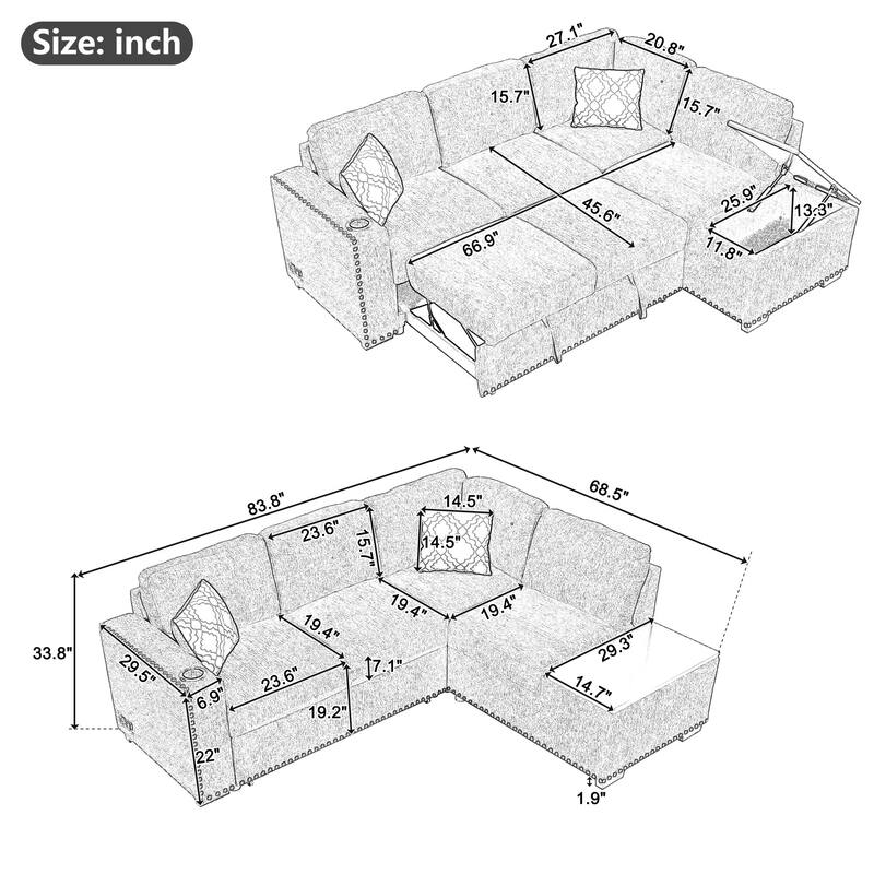 83.8'' L-Shaped 4 Seater Sectional Sofa with Pull-Out Bed, Storage Chaise, USB Ports, Power Sockets, and Cup Holders