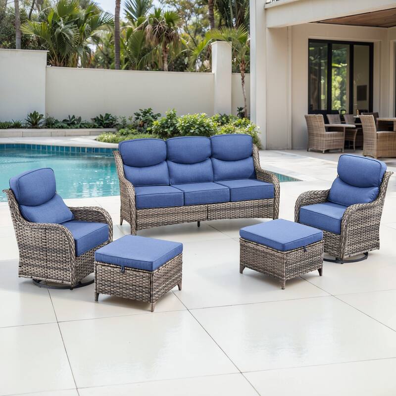 Gymojoy 5-Piece Patio Furniture Set with Swivel Glider Chairs, 6-Inch Ultra-Plush Cushions & Water-Resistant Olefin Fabric - Grey Wicker / Blue Cusion - 5-Piece