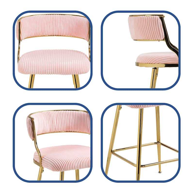 Counter Height Corduroy Bar Stool with Back,Golden Chromed Base and Footrest Set of 2