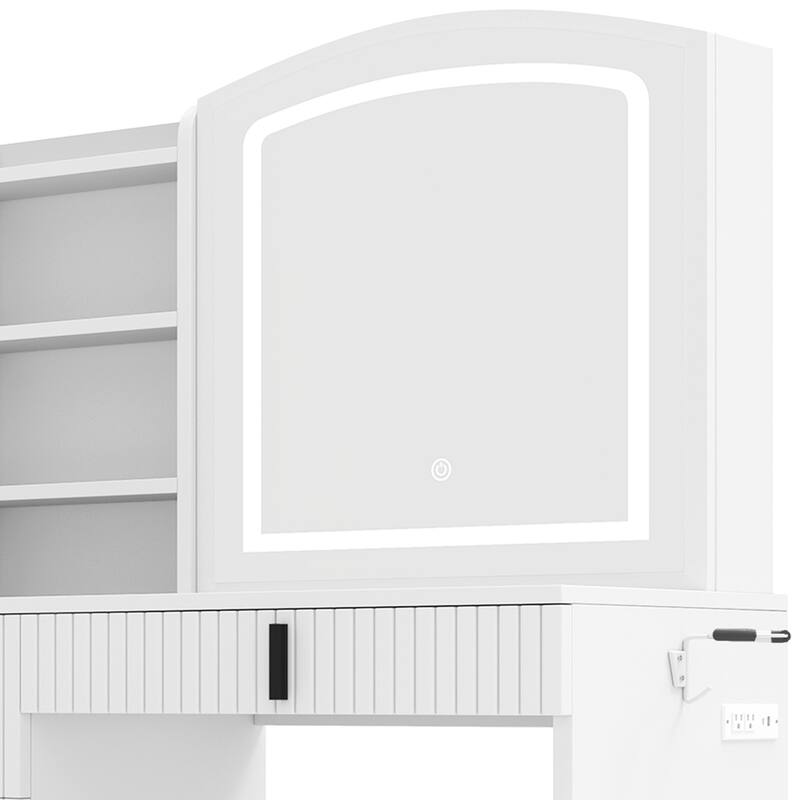Moasis 39.5"W Makeup Vanity Desk with Mirror & Power Outlet, 4 Drawers Vanity Table Set with Hidden Storage and Storage Stool