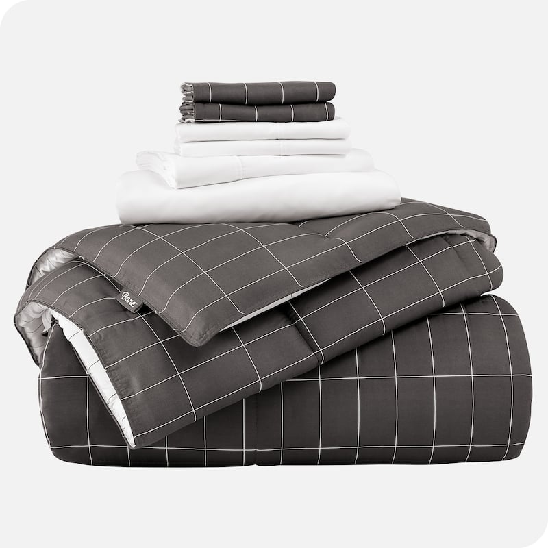 Bare Home Bed-in-a-Bag Down Alternative Comforter & Sheet Set - Grid - Grey/White, White - King