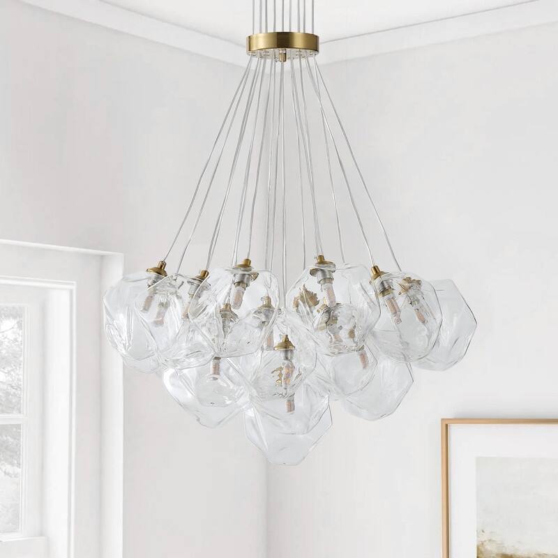 Modern 19-Light Stone Glass Globe Cluster Chandelier in Brass Finish - N/A