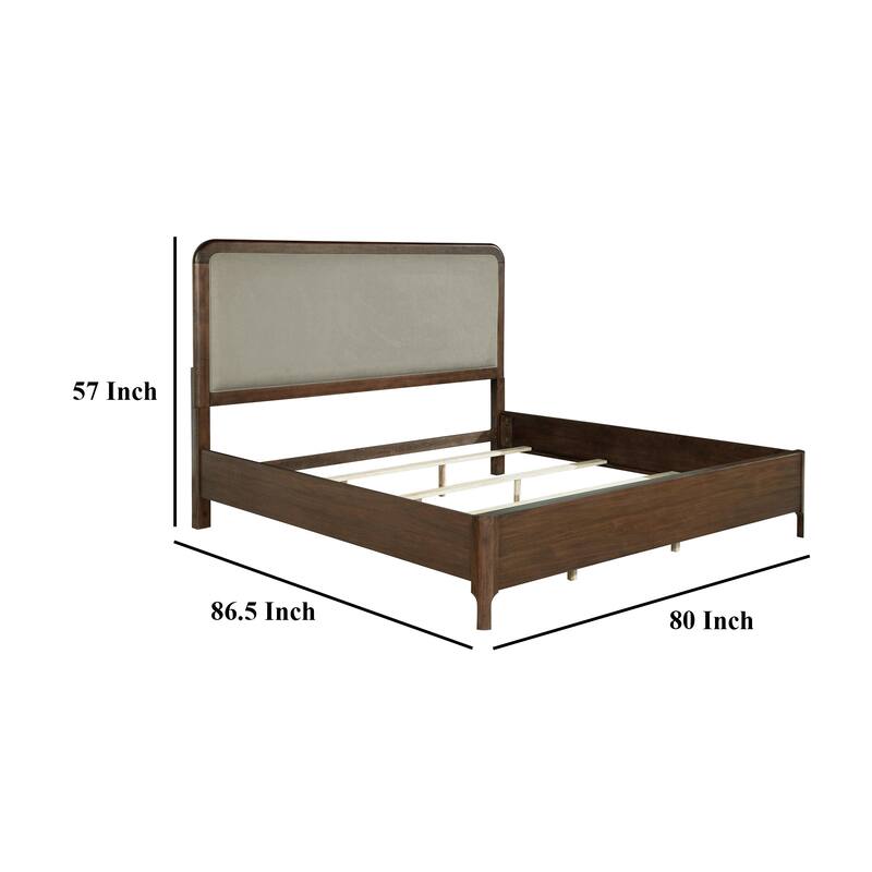 Rie King Size Bed, Taupe Gray Upholstered Headboard, Walnut Brown Wood