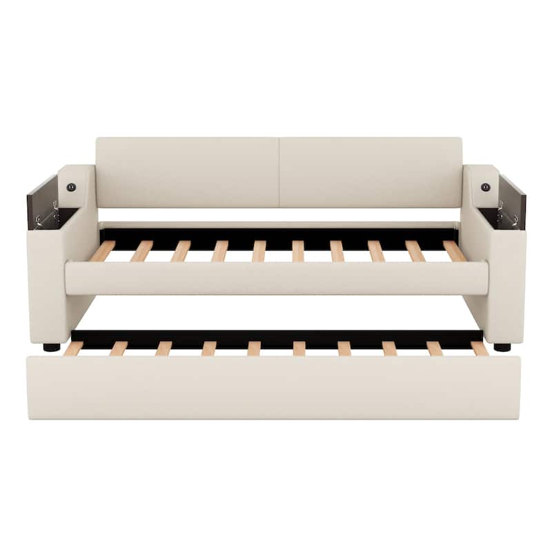 Twin Size Upholstery Daybed with Storage Arms, Trundle and USB Design