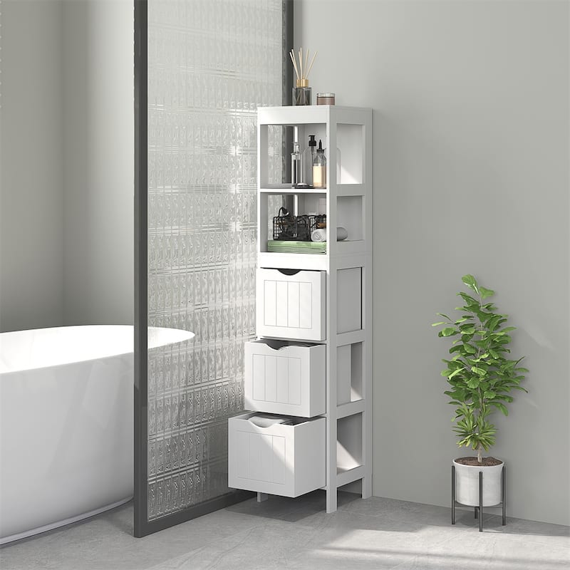 White Beadboard Compact Narrow Bathroom Storage Cabinet with 3 Drawers and 2 Shelves - 11.8" W x 11.8" D x 55.6" H
