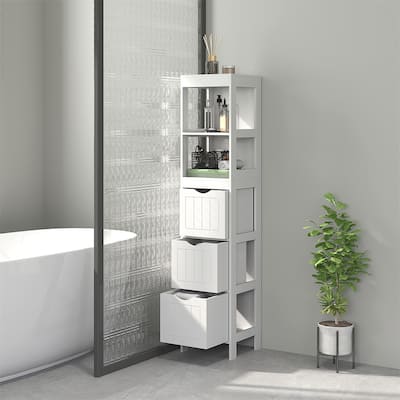 White Beadboard Compact Narrow Bathroom Storage Cabinet with 3 Drawers and 2 Shelves - 11.8" W x 11.8" D x 55.6" H