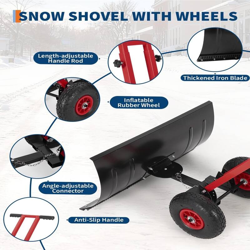 29x14 In Heavy Duty Rolling Snow Shovel With Wheels Double Armrests - 29x14 In