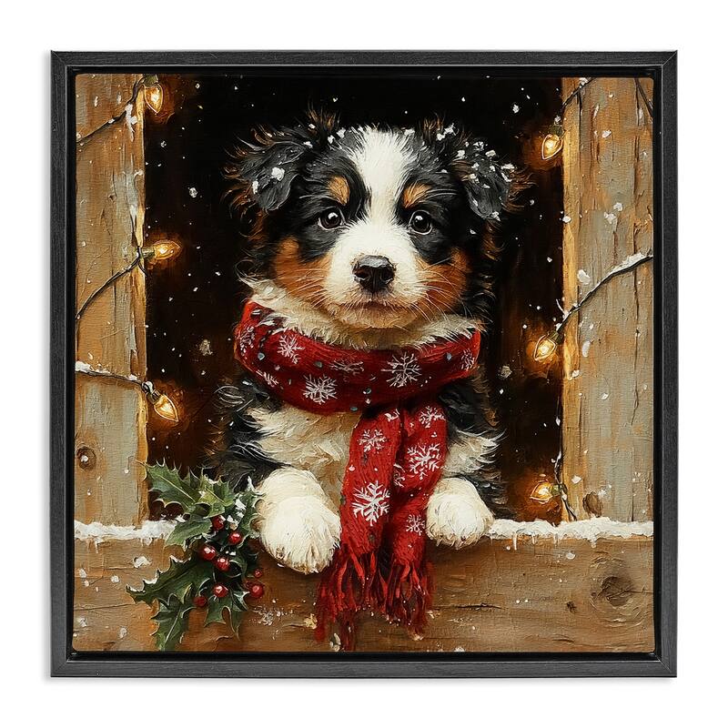Stupell Snowy Christmas Lights Puppy Framed Floater Canvas Wall Art Design By Riley B - 18 x 18 - Black