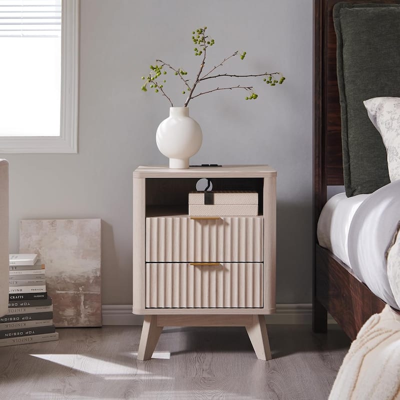 Modern Fluted Nightstand with Faux Marble Top, Side Table, End Table