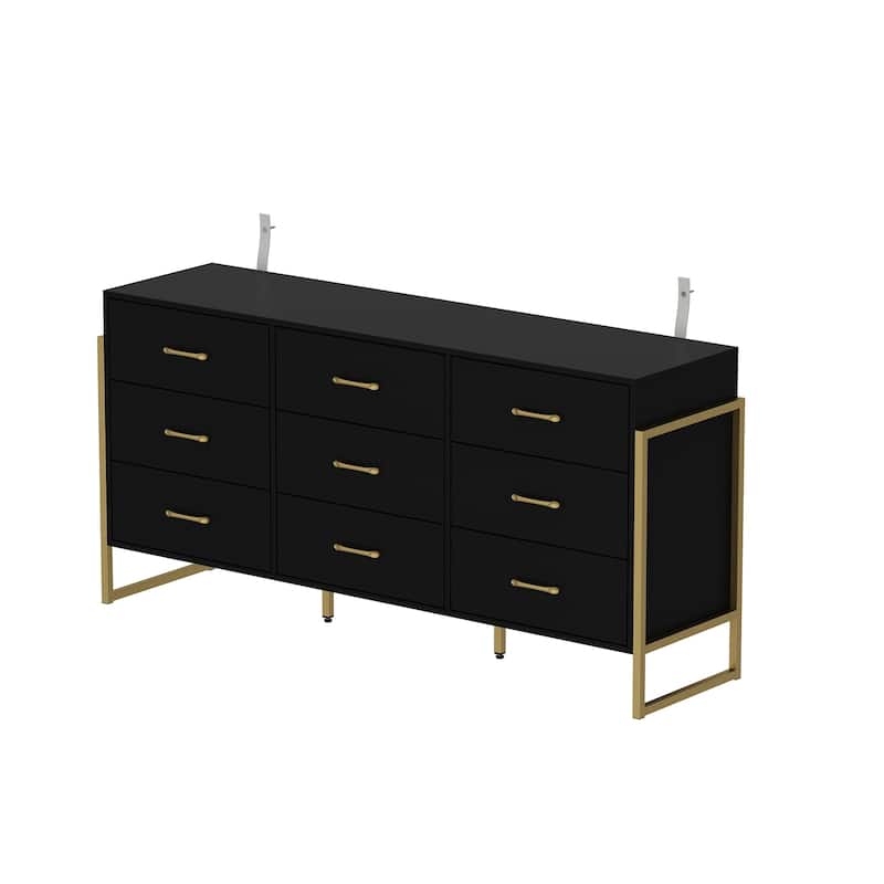 61.4"W Modern Black Dresser with 9 Spacious Drawers - Gold Handles