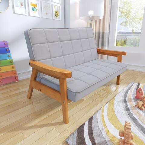 Microfibres Fabric Upholstered Children Leisure Sofa with Wood Armrest - 33.07"W x 18.5"D x 20.87"H
