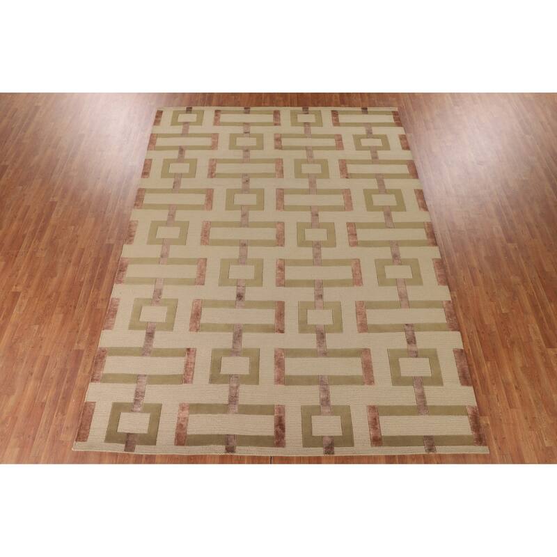 Geometric Beige Nepalese Oriental Area Rug Hand-Knotted Wool Carpet - 9'1" x 12'1"