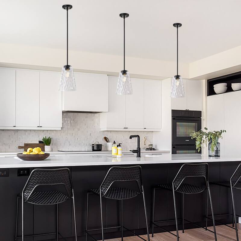 Matte Black 1-Light 8 in. Modern Mini Pendant with Hammered Glass Shade