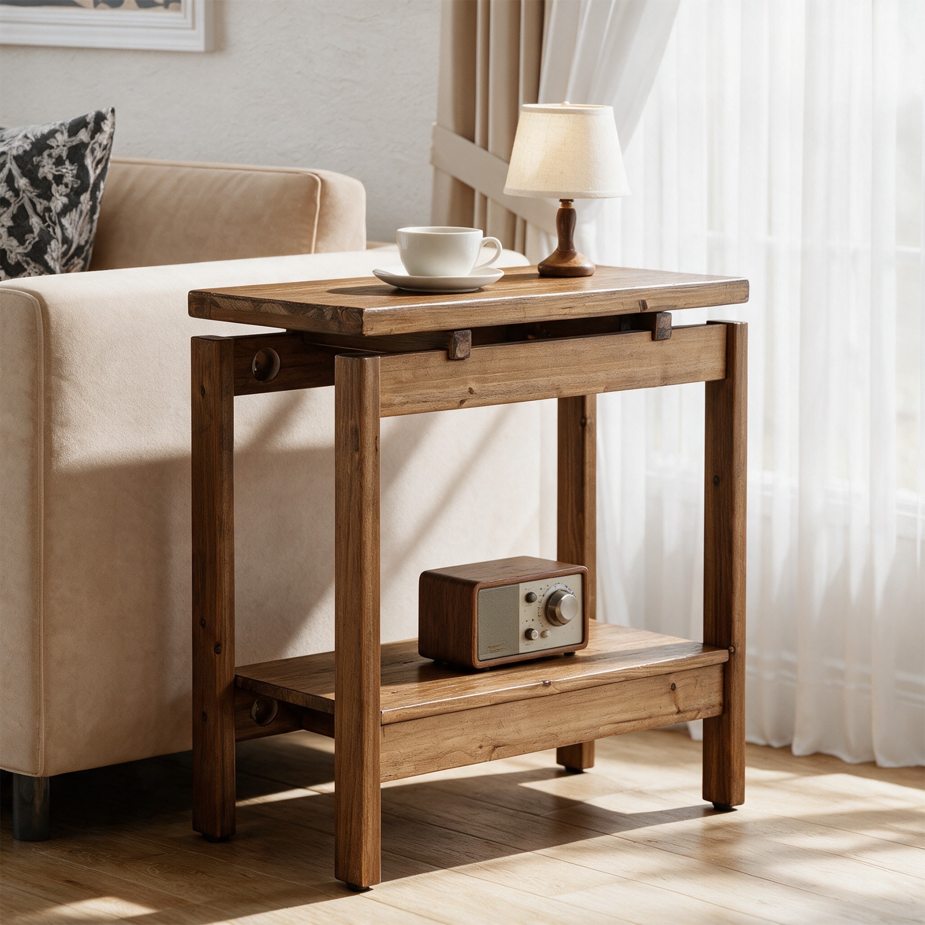 Solid Wood Narrow Side Table with 2-Tier Storage Shelf, Small End Table for Living Room and Bedroom