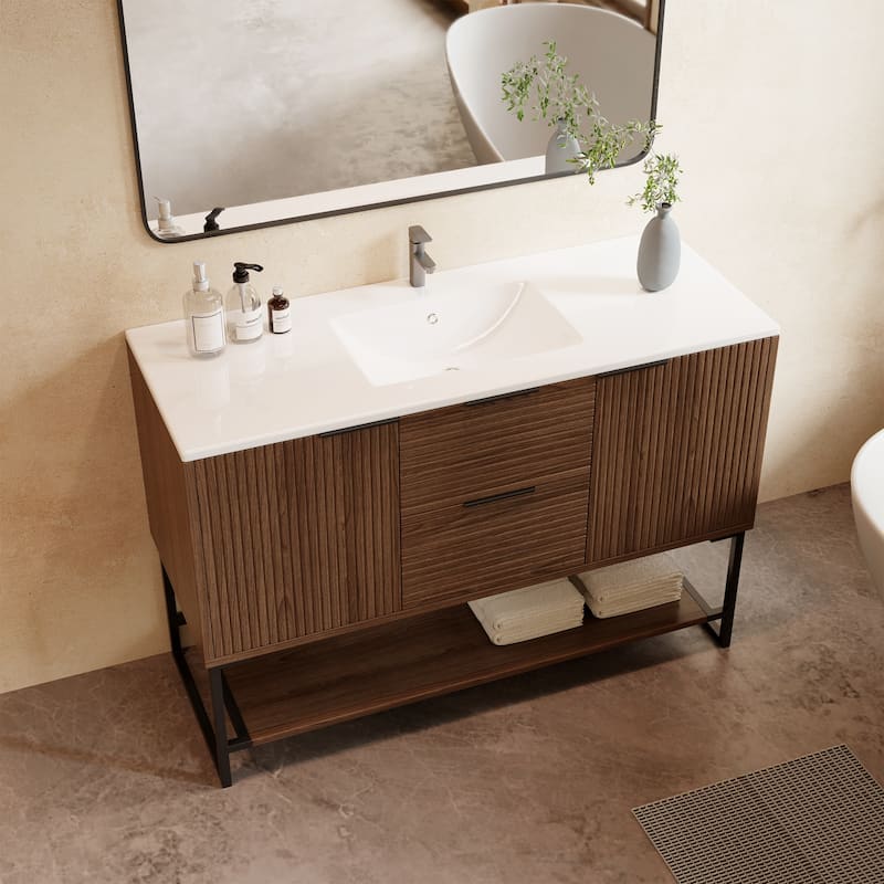 47.24'' Single Bathroom Vanity with Stone Top, Solid Wood, Fully Assembled