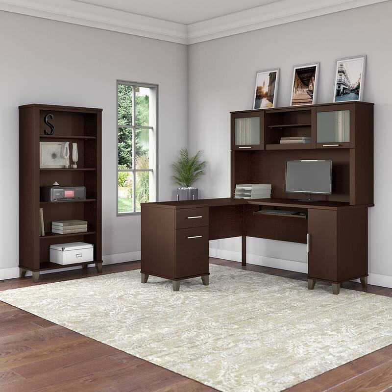Somerset 60W L Shaped Desk with Hutch and 5 Shelf Bookcase in Ash Gray - Mocha Cherry