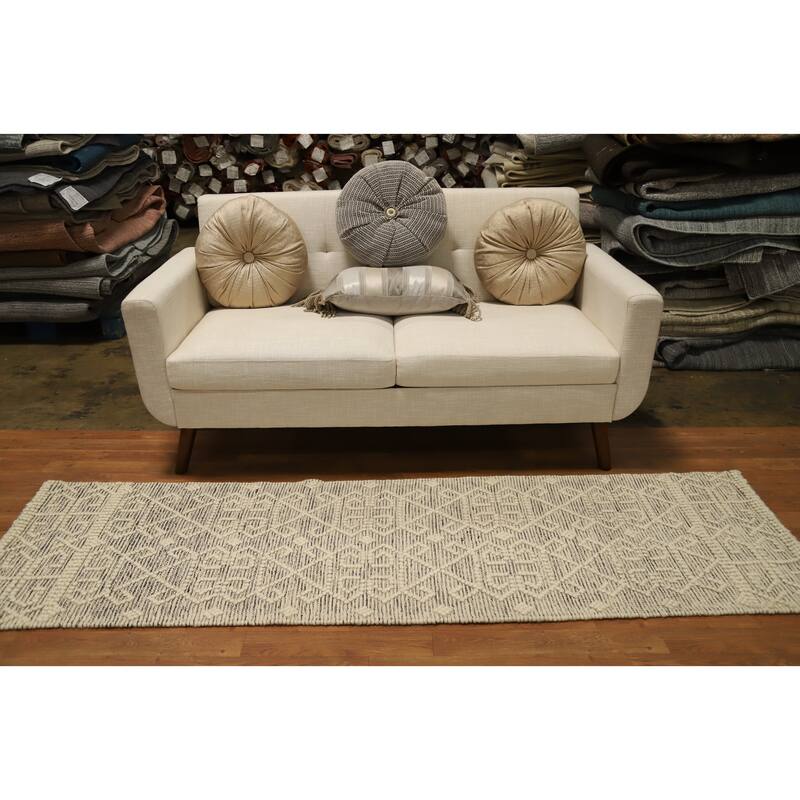 Hand Knotted Oriental 100% Wool Carpet Modern Geometric Beige & Ivories Modern Gotti Design Runner Rug - 7' 5'' X 2' 2''