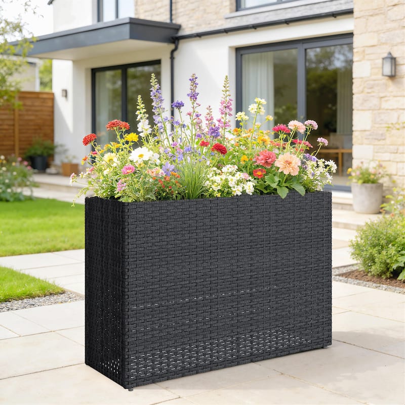 Outsunny Raised Garden Bed with Adjustable Foot Pads for Patio, Balcony, PE Rattan Wicker Planter - Black