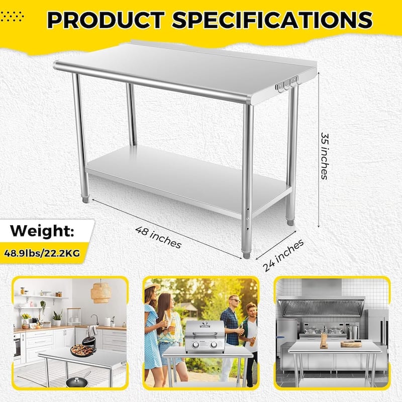 48 x 24 Stainless Steel Prep Table with Under Shelf, Hooks