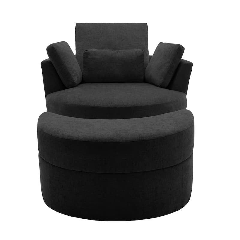Upholstered Swivel Accent Chair with Wooden Tray Storage Ottoman