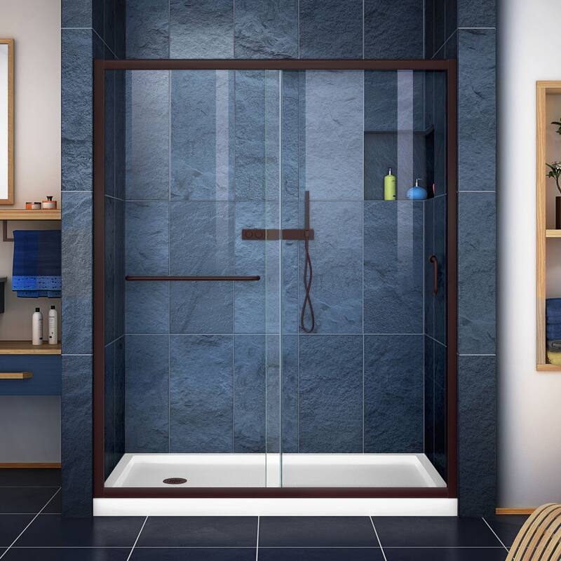 DreamLine Infinity-Z 30 in. D x 60 in. W x 74 3/4 in. H Sliding Shower Door and Shower Base Kit - Left Drain Base - Bronze, White Base, Left Drain