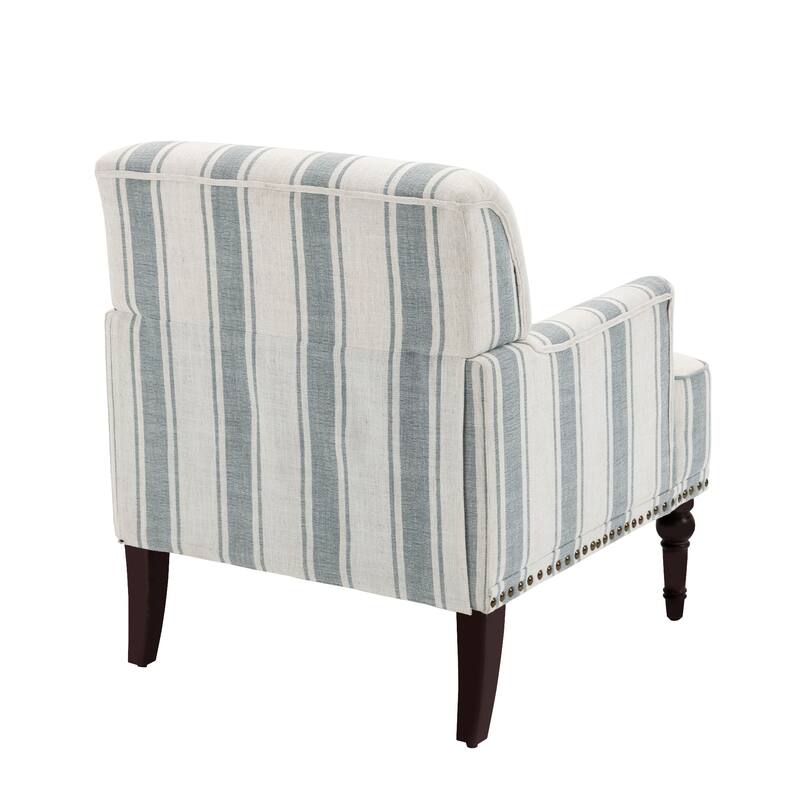 Set 2 Striped Upholstered Linen Armchair with Brass Nailhead Trim