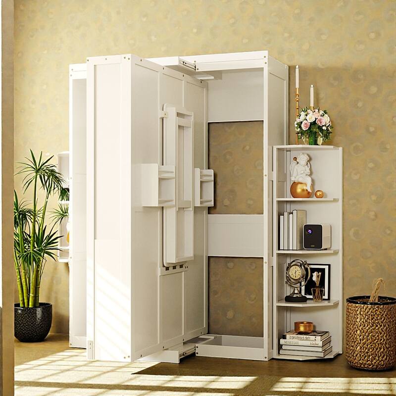 Queen Rotating Murphy Bed with Desk, Dual 3-Tier Side Shelves, Hidden Wall Cabinet, Space-Saving Wall Bed