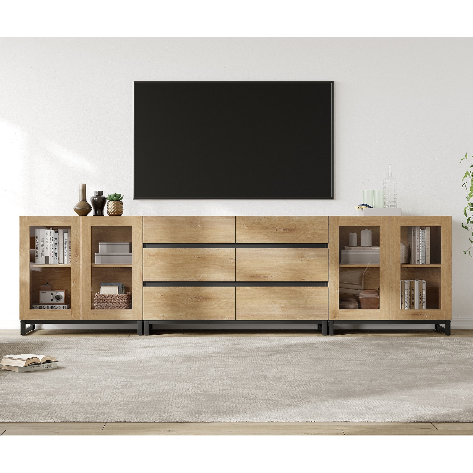 3 in 1 TV Stand for TVs up to 120 inches, Modern TV Console with Glass Doors and 6 Drawers for Living Room, Bedroom