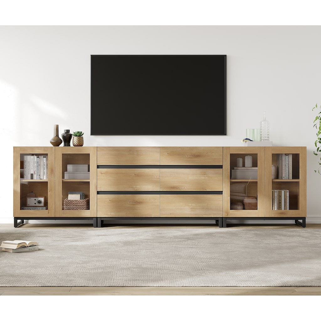 3 in 1 TV Stand for TVs up to 120 inches, Modern TV Console with Glass Doors and 6 Drawers for Living Room, Bedroom