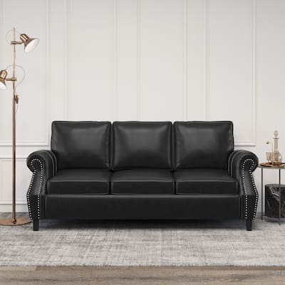 Black Faux Leather 3-seater Sofa with Birch Wood Legs and Nailheads