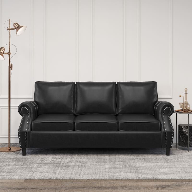 Roomfitters 3 Seater Classic Faux Leather Sofa with Rolled Arms and Nailhead Trim for Living Room or Study
