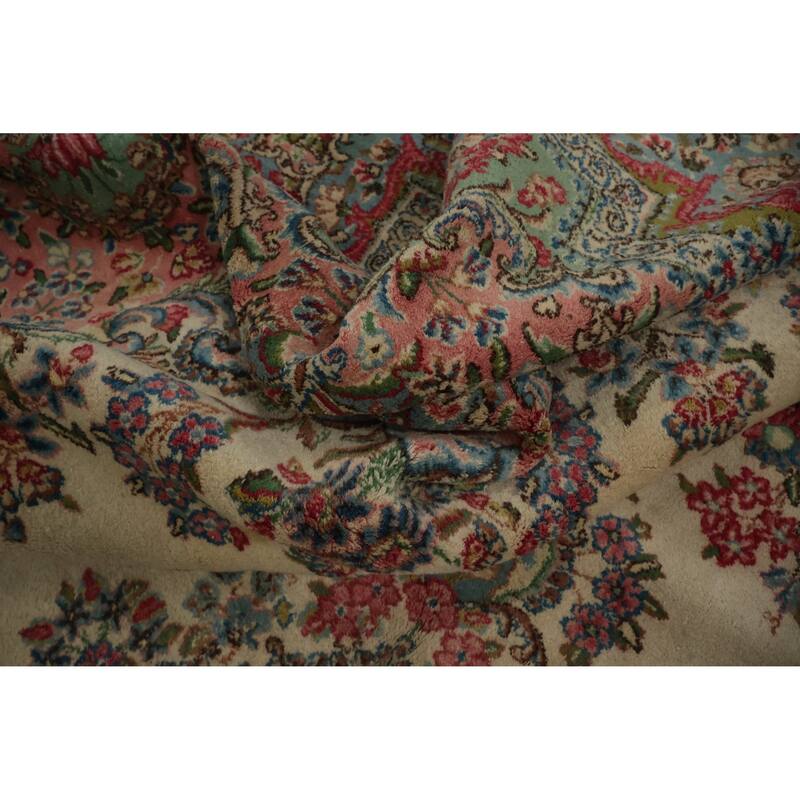 Hand Knotted Oriental 100% Wool Carpet Traditional Floral Beige & Ivories Kerman Area Rug - 13' 3'' X 9' 11''