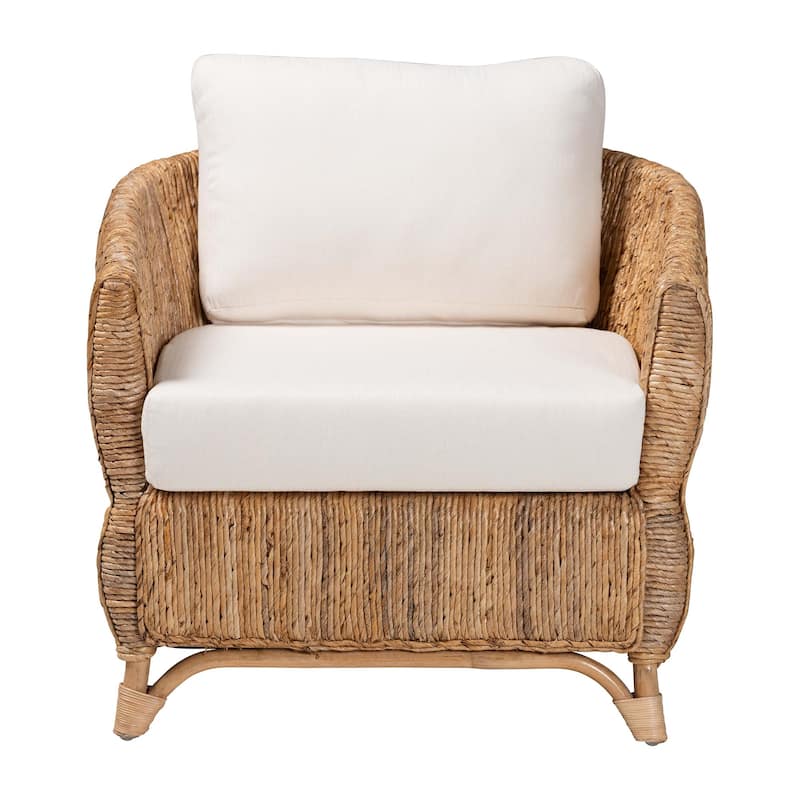 Roma Rattan and Seagrass Armchair with Cushions - Handwoven Lounge Chair with Wide Armrests and Sculptural Base, Boho Coastal