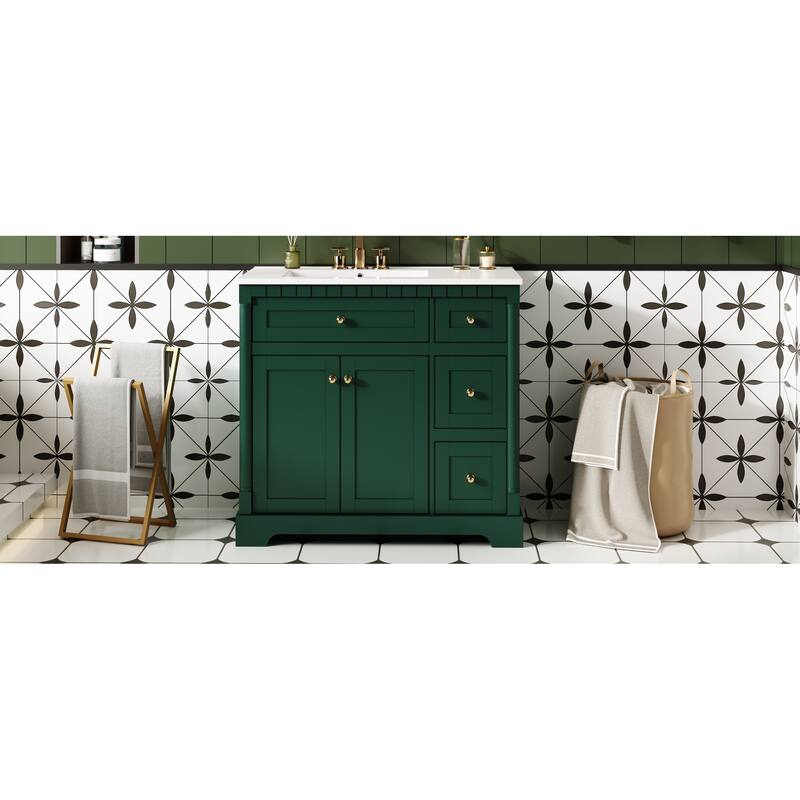 Roomfitters 36 Inch Bathroom Vanity with Sink, Modern Storage Cabinet with Adjustable Shelf and Drawers, Green