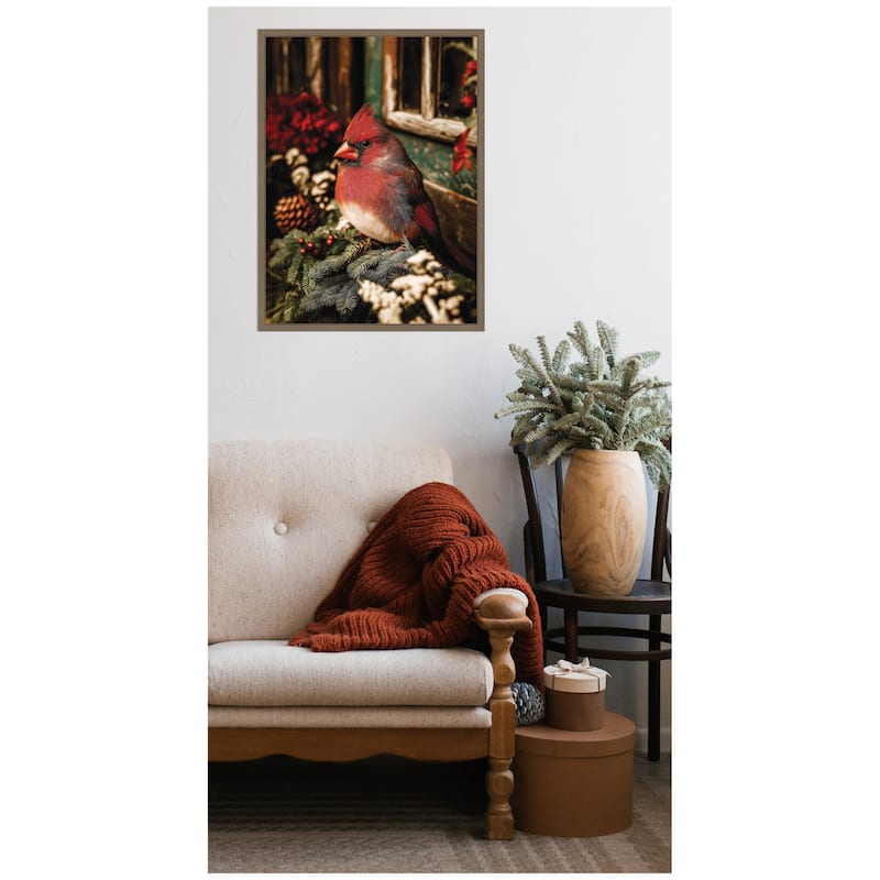 Kate and Laurel Framed Canvas Red Cardinal Sitting On a Mistletoe by Michael Schauer