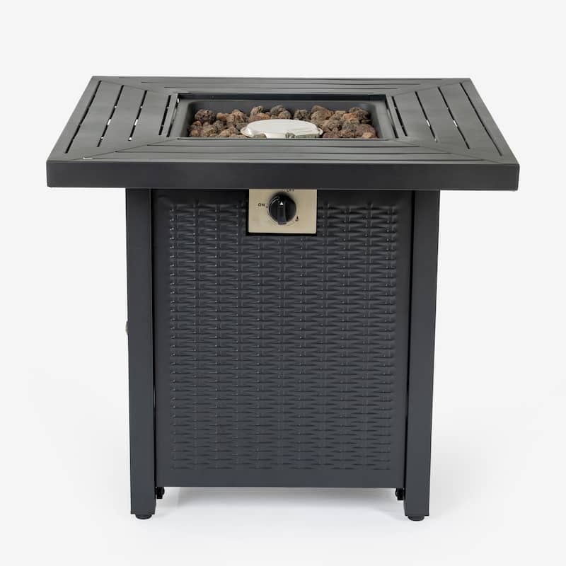 Anmytek Propane Fire Pit Table Outdoor Wicker Style Patio Heater with Lava Rocks Black Backyard Deck