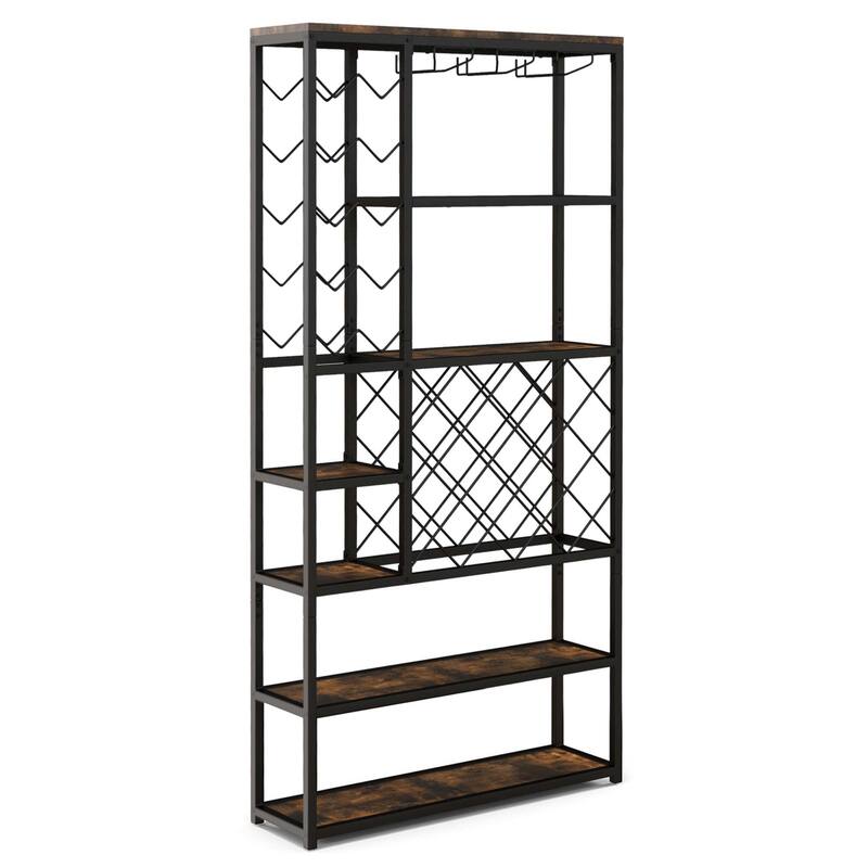 Wine Rack Multi-purpose Freestanding Bakers Rack with Glass Holder - Rustic Brown + Black