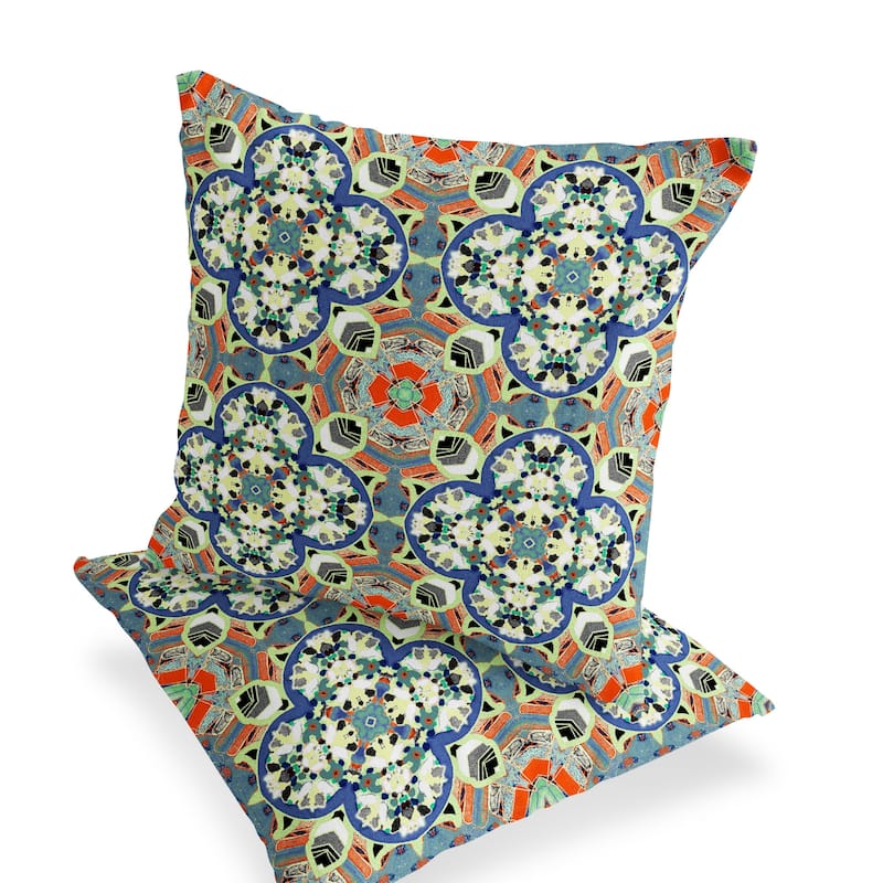 HomeRoots Set of Two 16" X 16" Blue and Orange Blown Seam Floral Indoor Outdoor Throw Pillow - 16.00' X '16.00' X '5.00