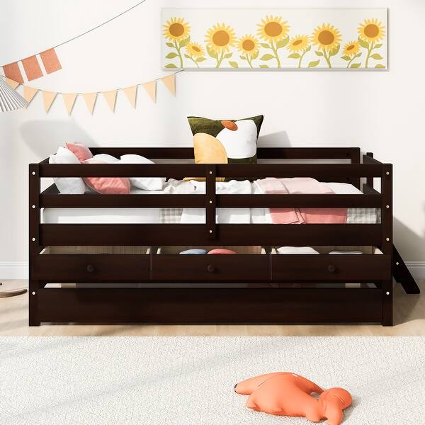slide 2 of 48, Functional Design Low Loft Bed with Safety Fence, Climbing ladder, Storage Drawers and Trundle Bed