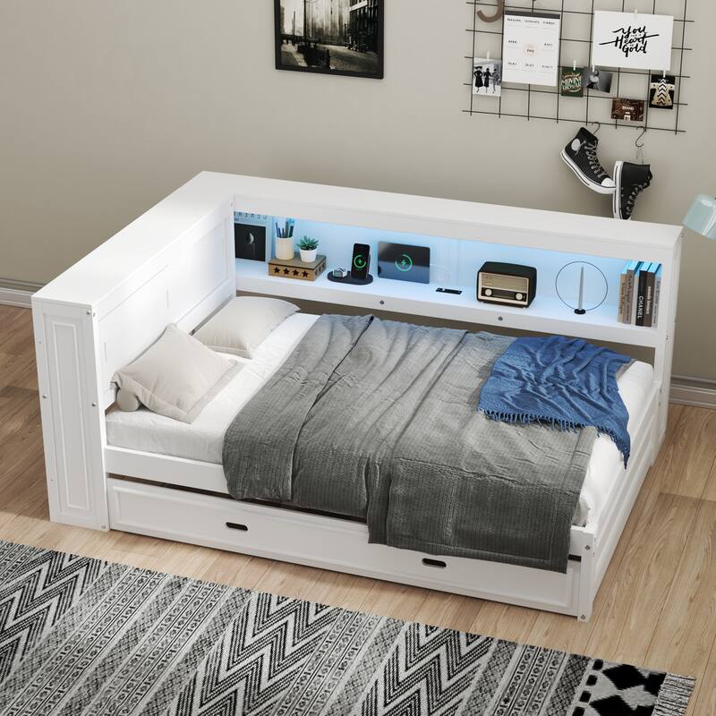 Full Size Daybed with Storage Shelves, USB Charging, LED Lights, and Twin Trundle (600lb Capacity) - White