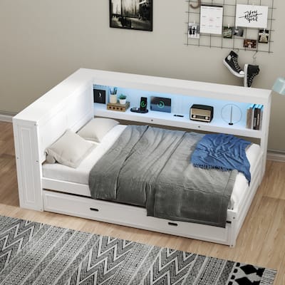 Full Size Platform Bed with Storage Shelves and Trundle, LED Light and Built-in USB & Power Outlet, Headboard with Sliding Doors