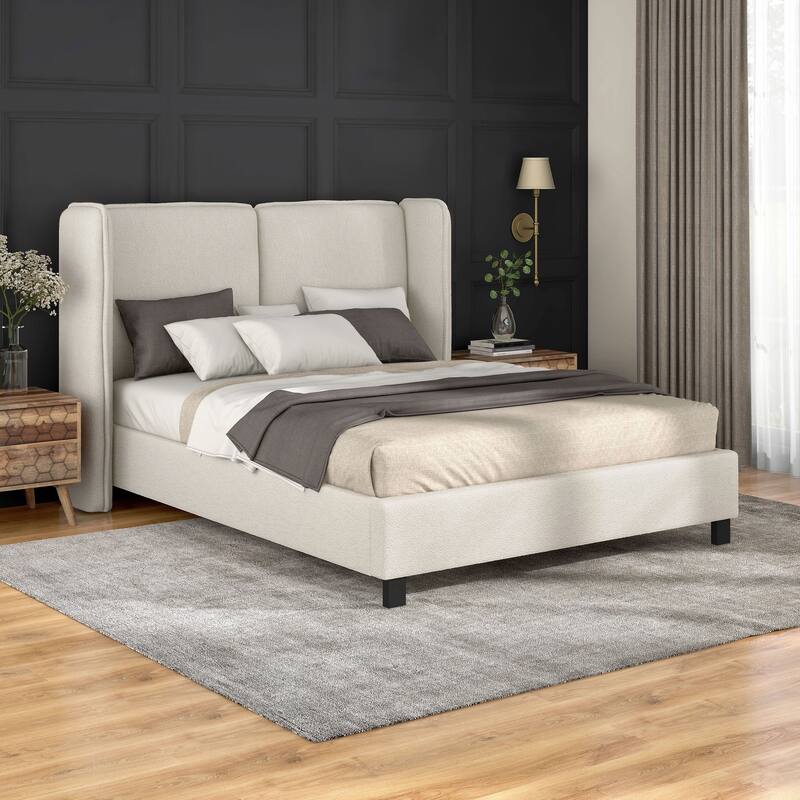 Janna Modern Boucle Fabric Queen-size Platform Bed with Wingback Headboard by Furniture of America