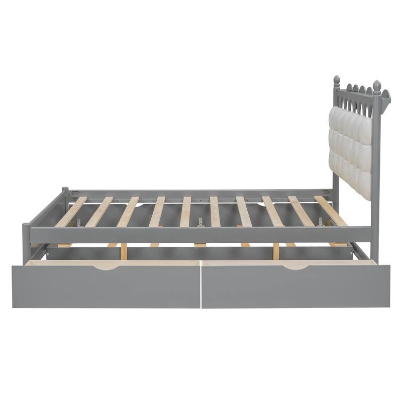 Queen Size Wooden Storage Platform Bed with 2 Drawers, Trundle, USB Ports & Sockets,Gray