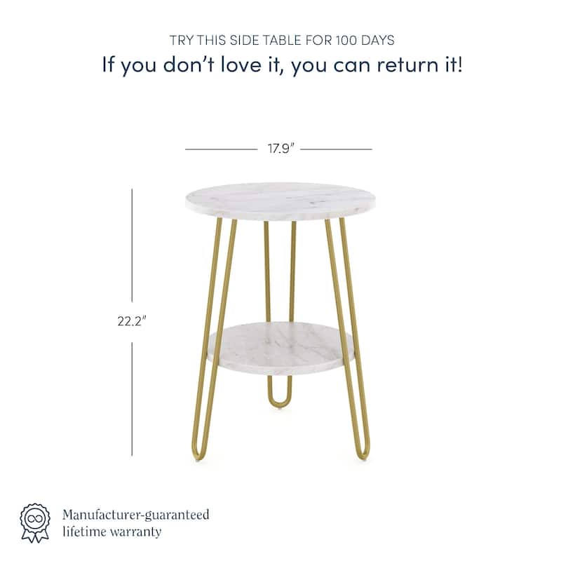 Nathan James Ashley White Round Marble End or Side Table with Brass Hairpin Legs and Storage Shelf