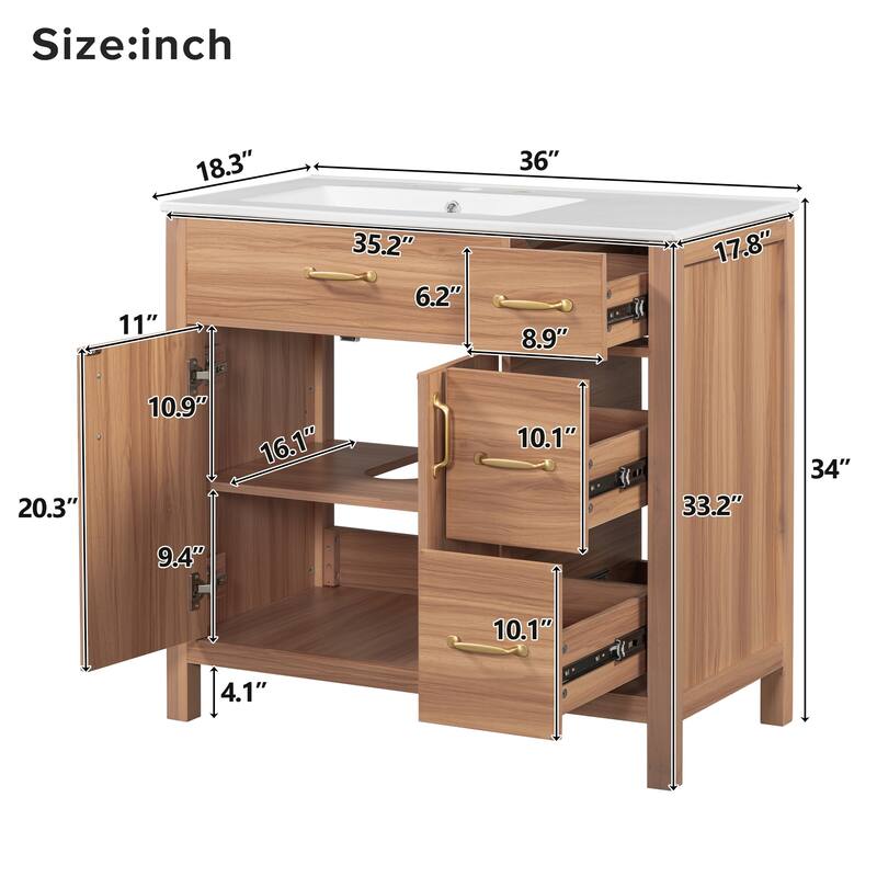 Solid Wood Frame Bathroom Vanity Cabinet with Undermount Ceramic Sink, 3 Drawers & Adjustable Shelf for Small Bathrooms, 36 Inch