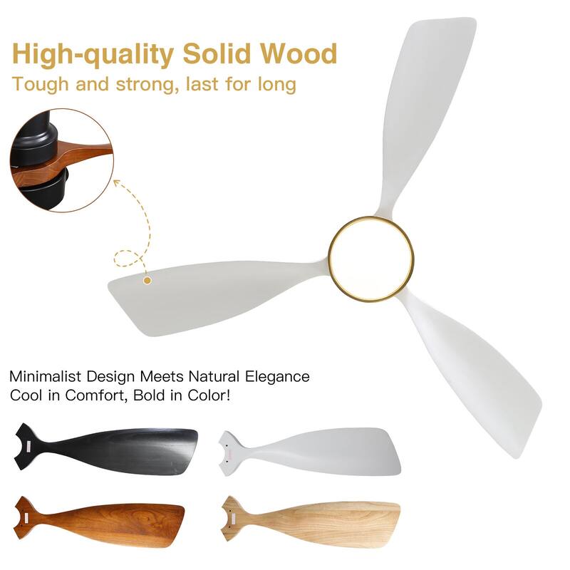 52"Solid Wood Ceiling Fan with Light Optional, 6-Speed Reversible DC Motor and Remote control,Smart Optional