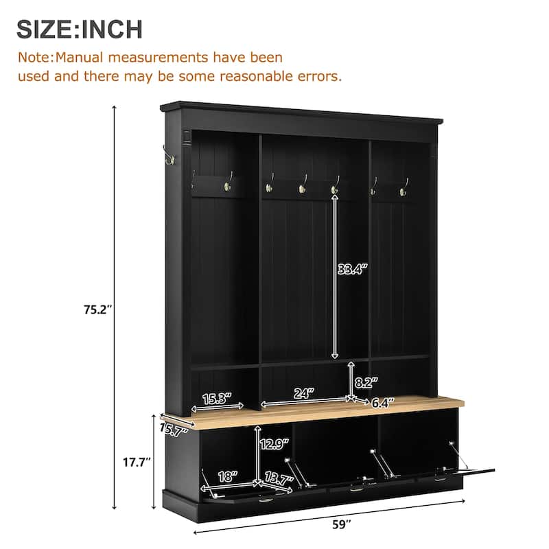 LED Hall Tree with Storage Bench, APP Controlled Light Entryway Organizer with 9 Hooks and Shoe Cabinets
