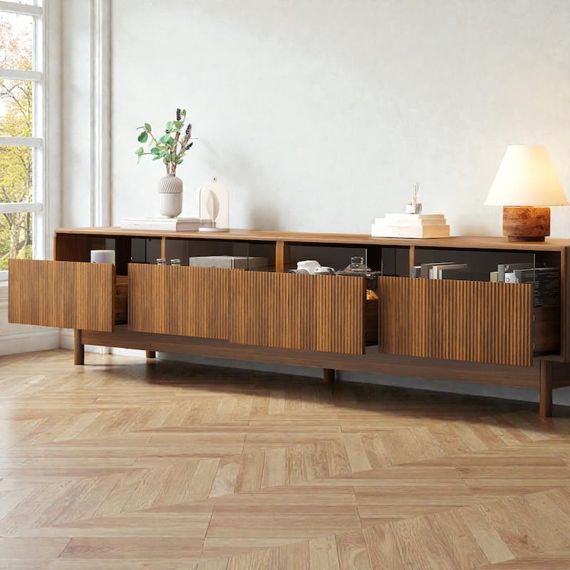 78" Modern TV Stand for TVs Up to 85", Entertainment Center with Fluted & Glass Drawers, Media Console for Living Room