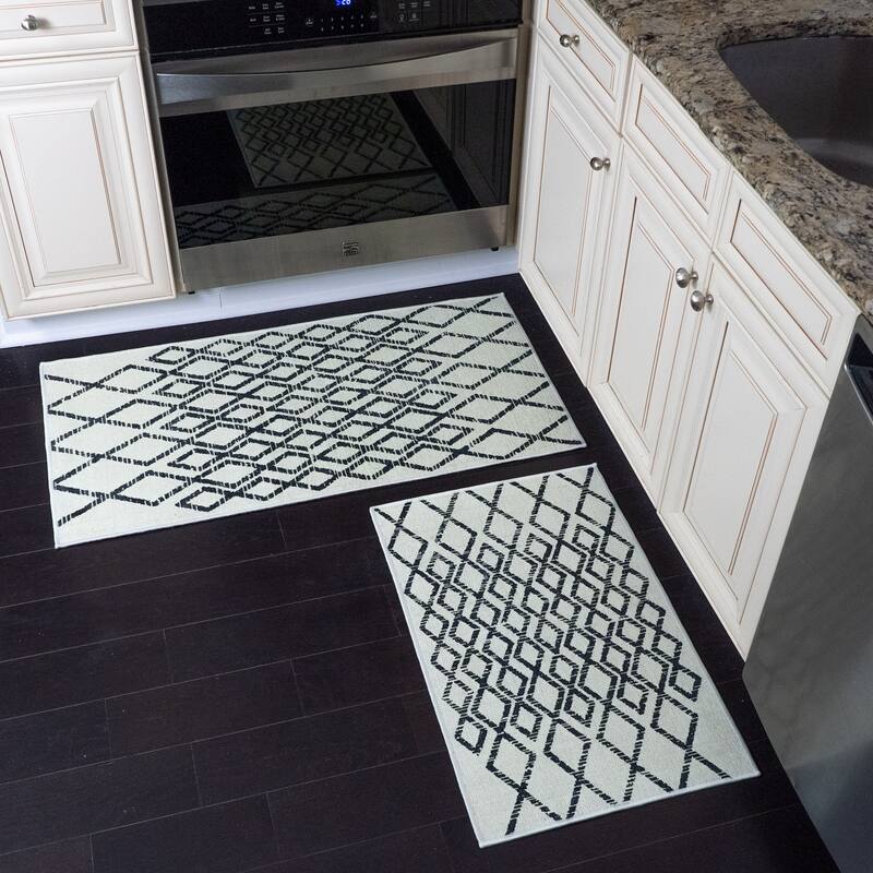 Sussexhome Non Skid Washable Kitchen Runner Rugs Set of 2 - Set of 44 x 24 and 31.5 x 20 Inches - Geometric Daimond-Ivory