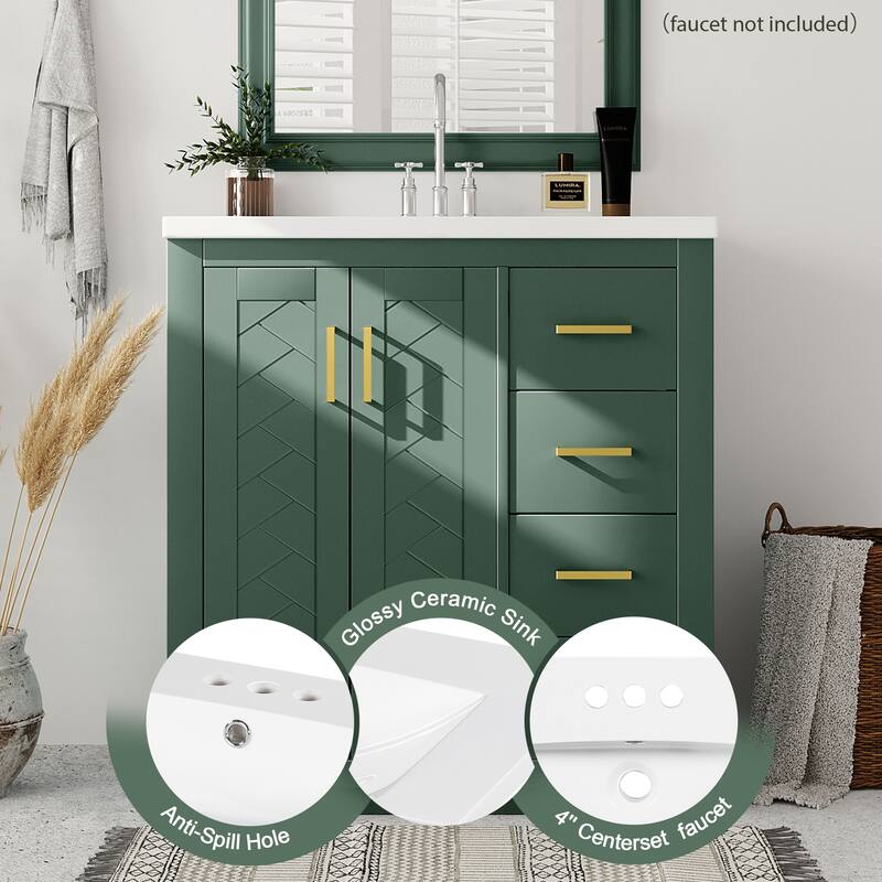 Bathroom Vanity with Ceramic Sink, Vanity Set with 3 Drawers and Doors, Bathroom Storage Cabinet with Solid Wood Frame